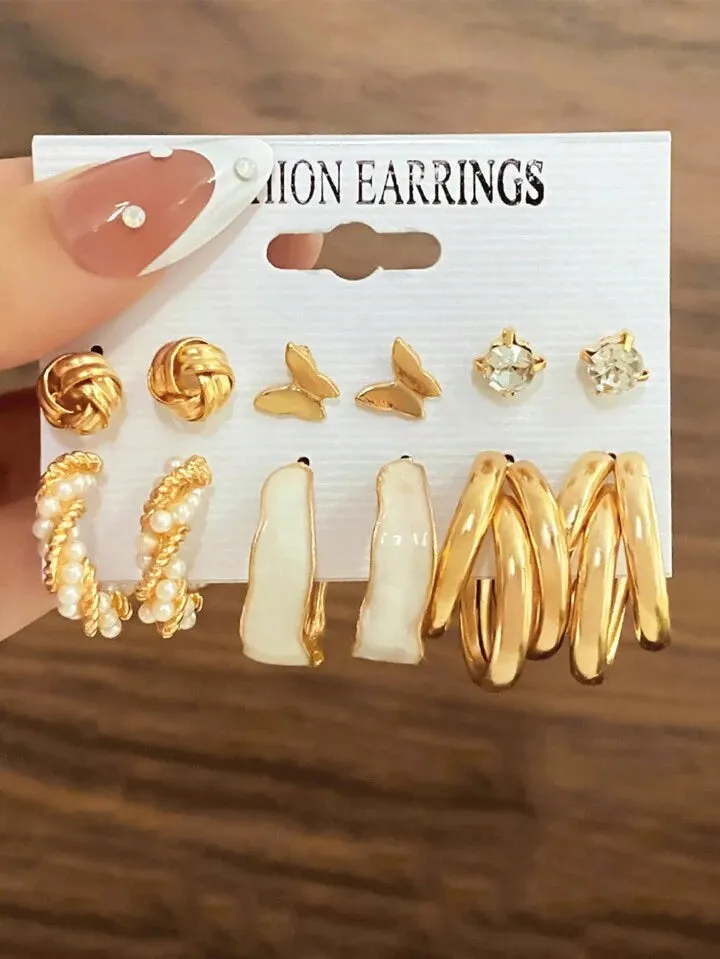 12pcs faux pearl & rhinestone earrings set in gold