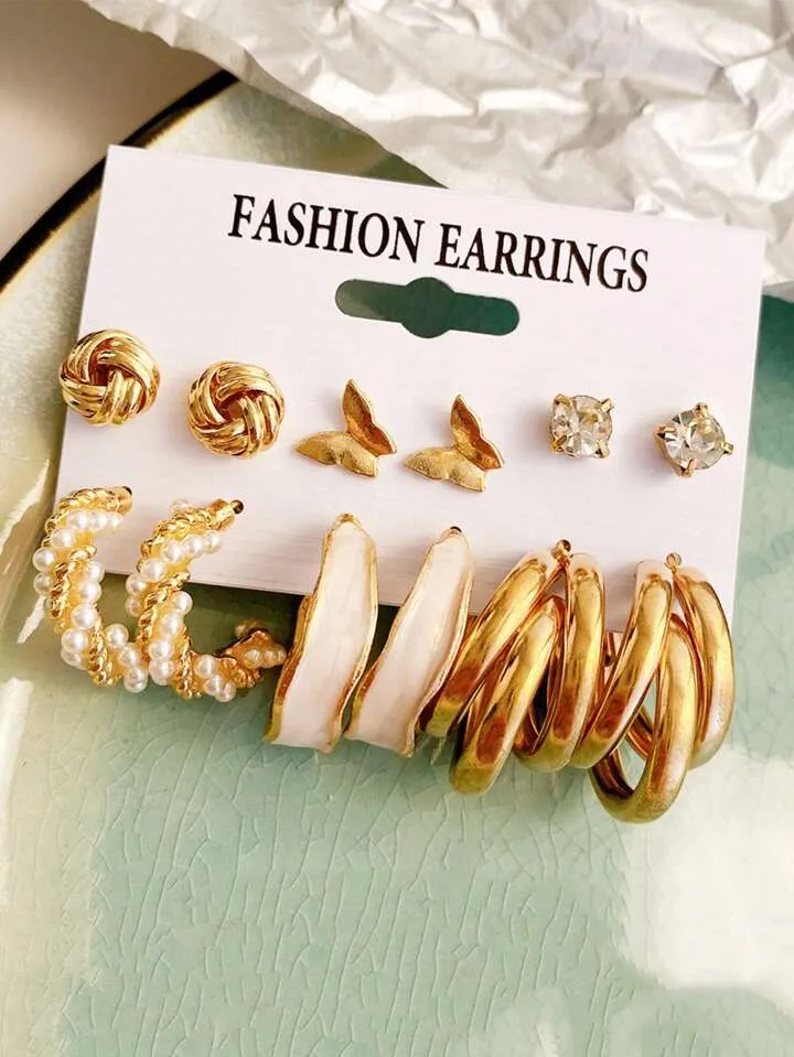 12pcs faux pearl & rhinestone earrings set in gold