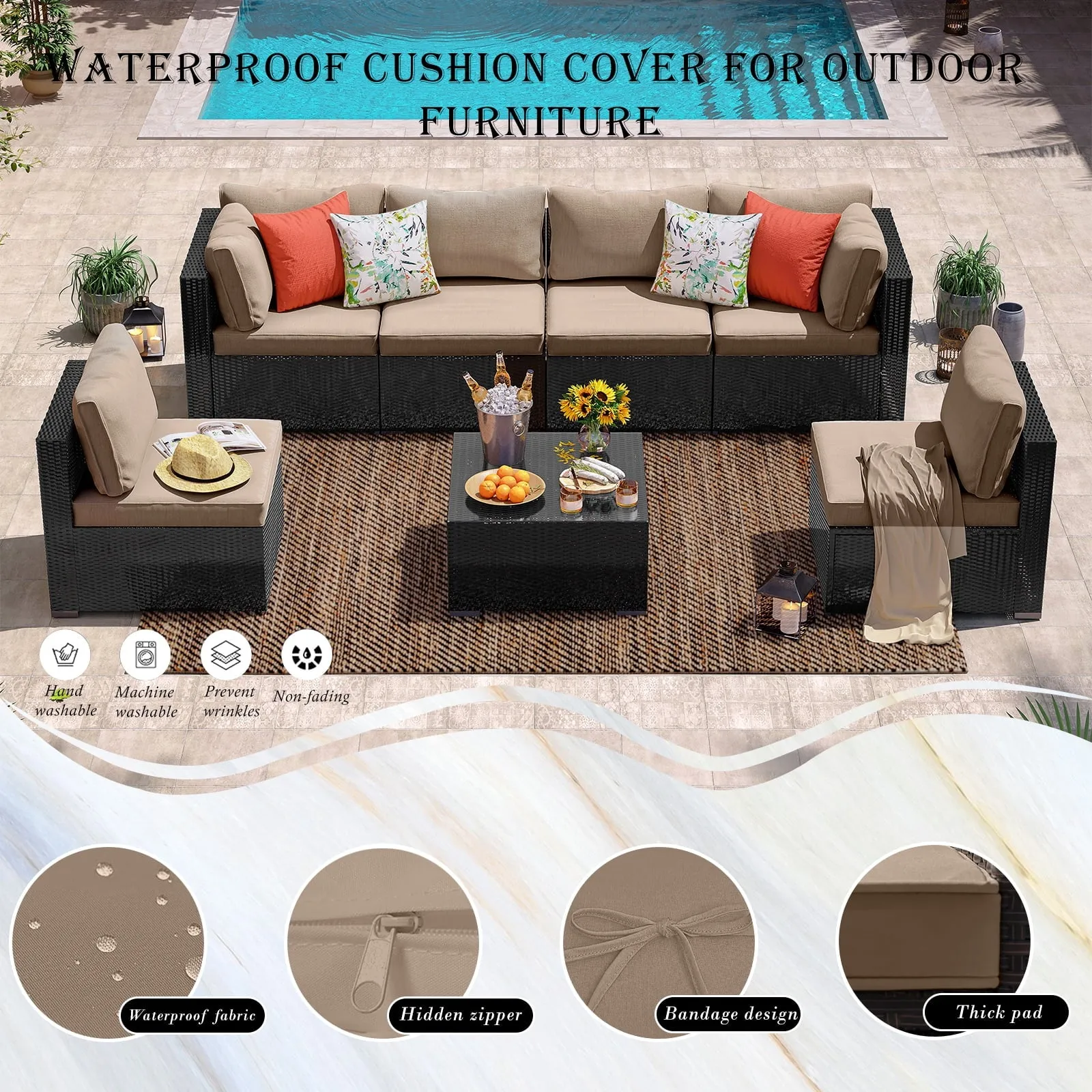 14PC Patio Cushion Covers Outdoor Patio Cushions Covers Replacement, Waterproof Chair Seat Cover Zipper Design, Wicker Rattan Patio Conversation Set Loveseat Couch Furniture(Dark Grey,14PC)