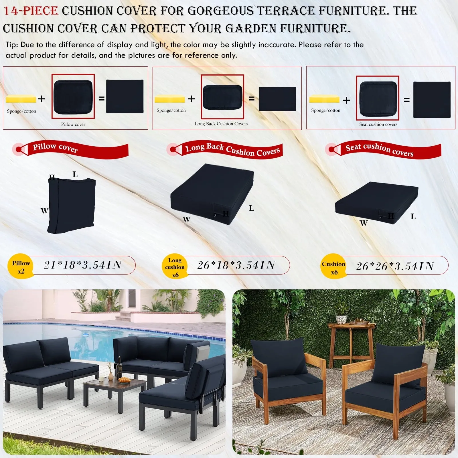 14PC Patio Cushion Covers Outdoor Patio Cushions Covers Replacement, Waterproof Chair Seat Cover Zipper Design, Wicker Rattan Patio Conversation Set Loveseat Couch Furniture(Dark Grey,14PC)