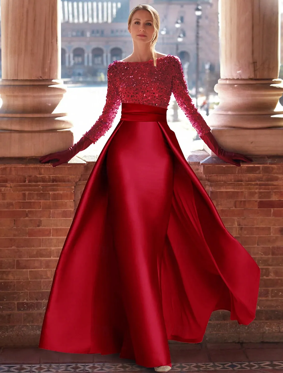 A-Line Evening Gown Formal Christmas Floor Length Long Sleeve Jewel Neck Satin with Glitter Slit