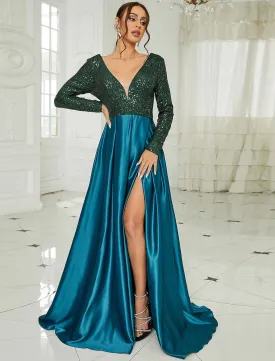 A-Line Evening Gown  Formal Christmas Floor Length Long Sleeve V Neck Satin with Slit