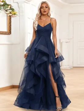 A-Line Evening Gown Tiered Dress Formal Sweep / Brush Train Sleeveless Spaghetti Strap Organza with Ruched Ruffles Slit