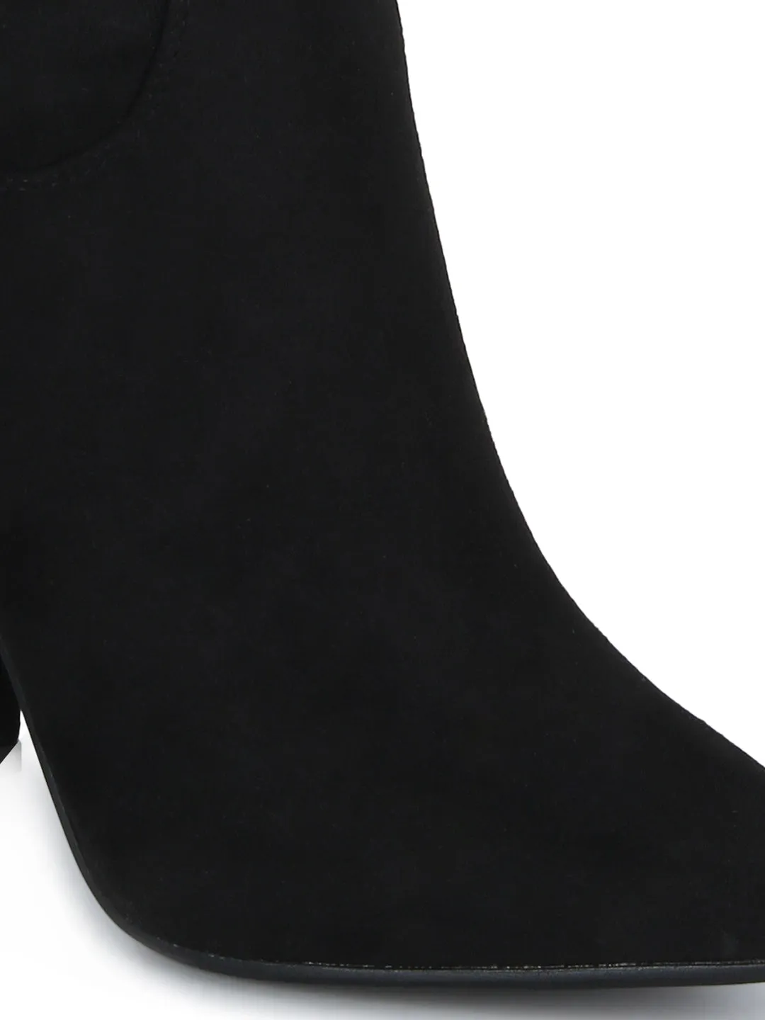 Black Micro Pointed Toe Block Heel Long Boots