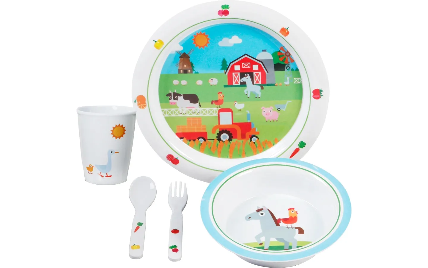 BRUNNER SET FARM KIDS BOY 3  (5pz) SET PIATTO,BICCHIERE,POSATE E CIOTOLINA IN RESISTENTE MELAMINA