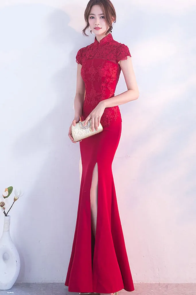 CAP SLEEVE EMBROIDERED HIGH SLIT FISHTAIL HEM MAXI DRESS