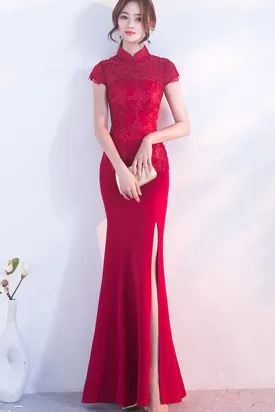 CAP SLEEVE EMBROIDERED HIGH SLIT FISHTAIL HEM MAXI DRESS