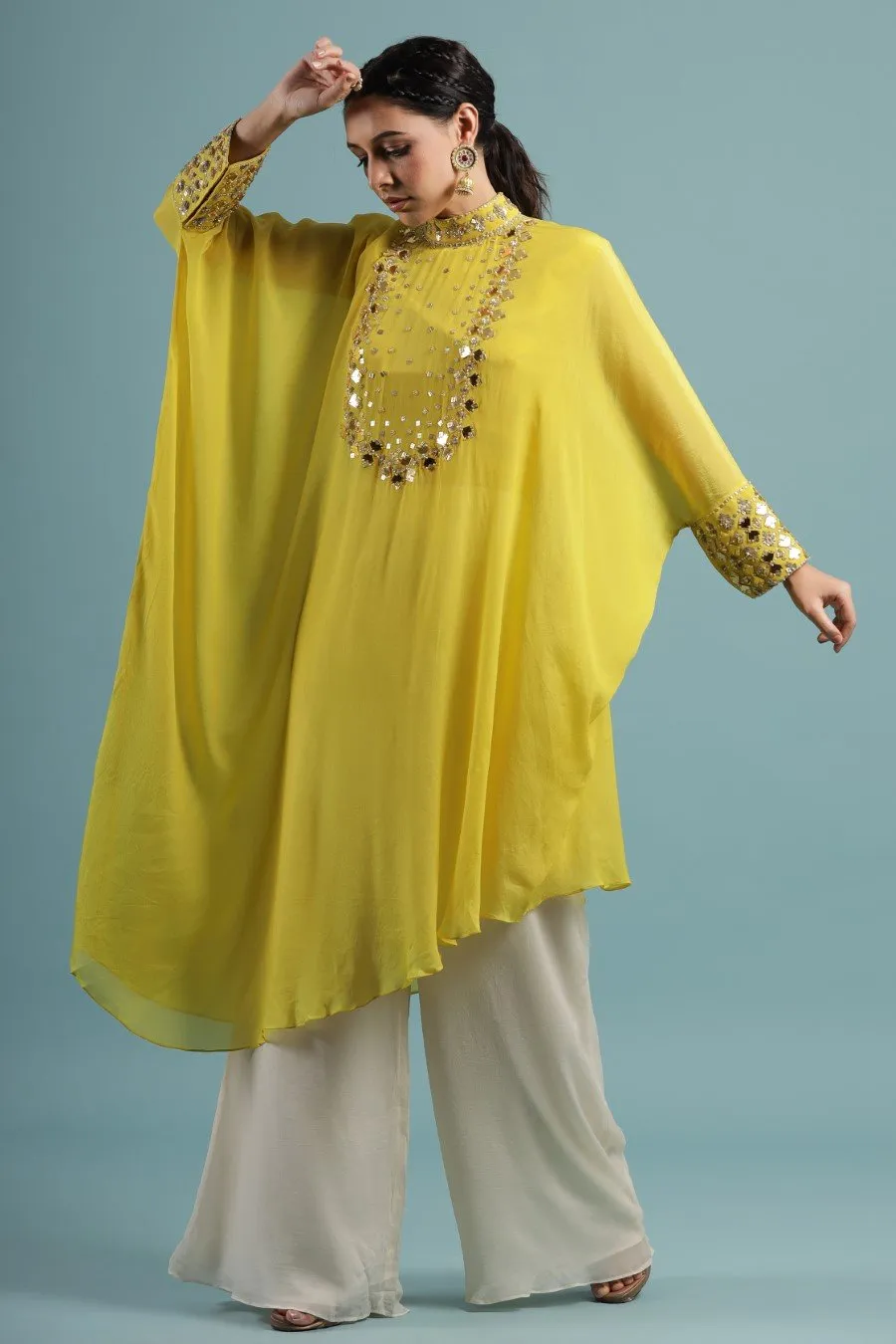 Corn Yellow Crystal Georgette Kaftan Tunic with Palazzo