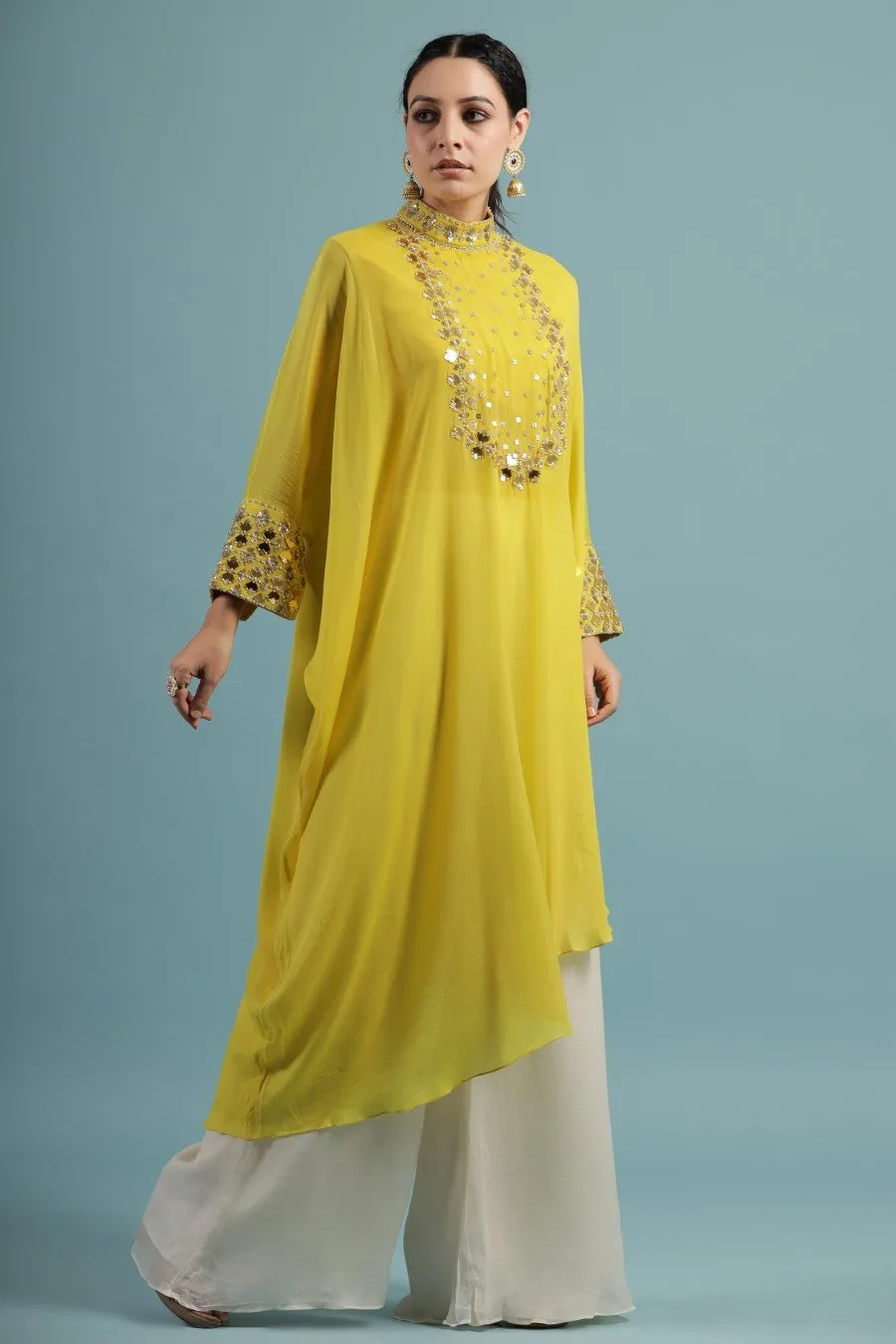 Corn Yellow Crystal Georgette Kaftan Tunic with Palazzo