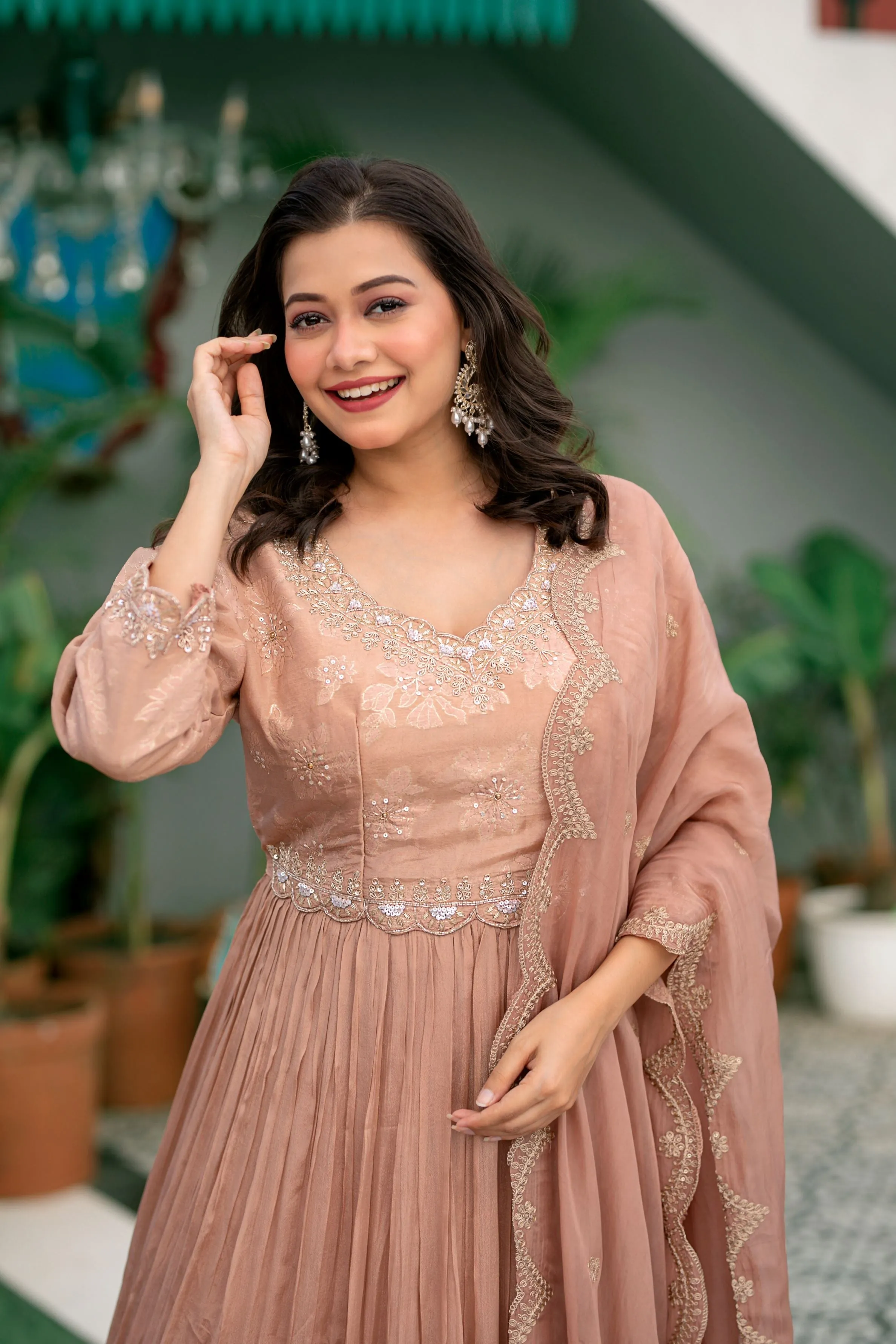 Creamy Peach Embellished Chinon Silk Anarkali Set