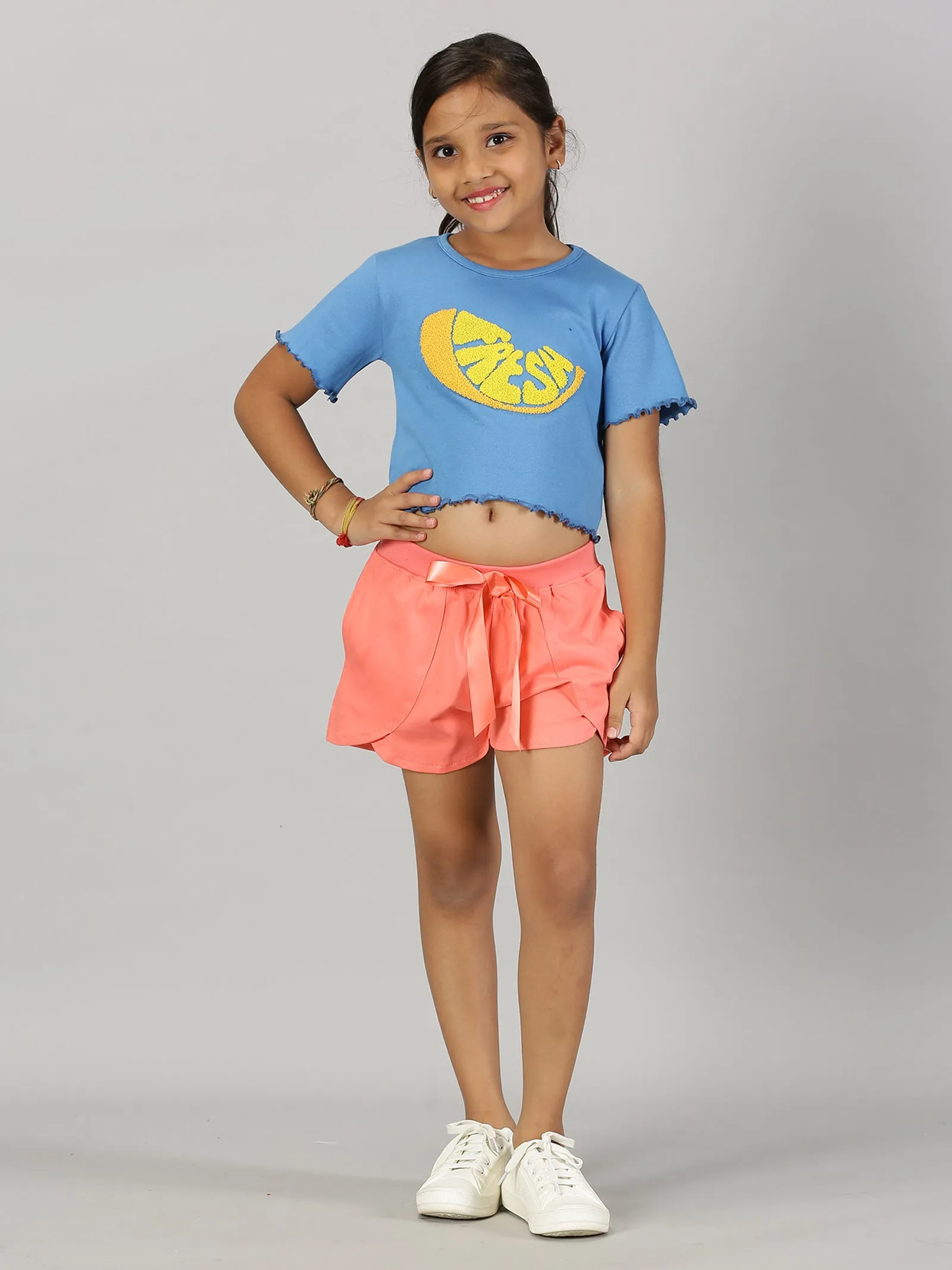 Girls Crop Tee & Over Lap Shorts With Bow Set