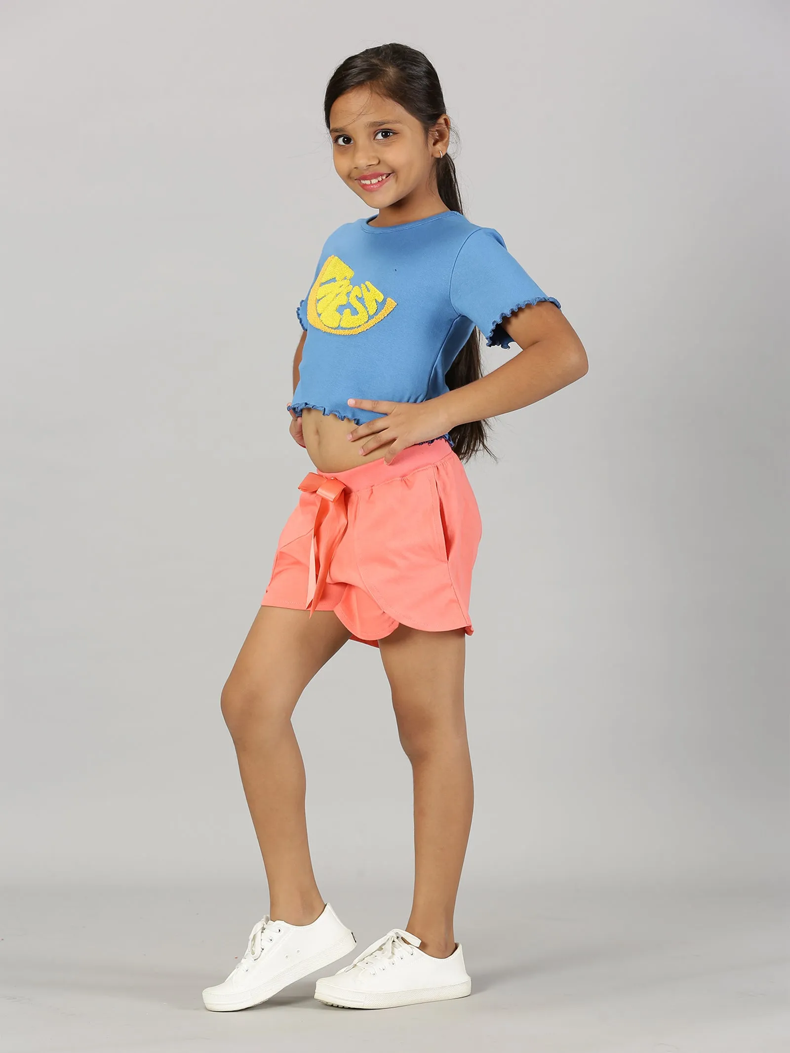 Girls Crop Tee & Over Lap Shorts With Bow Set