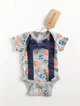 Grey Sports Suspender Bowtie Upcycled Bodysuit by Eco Pretty - Newborn