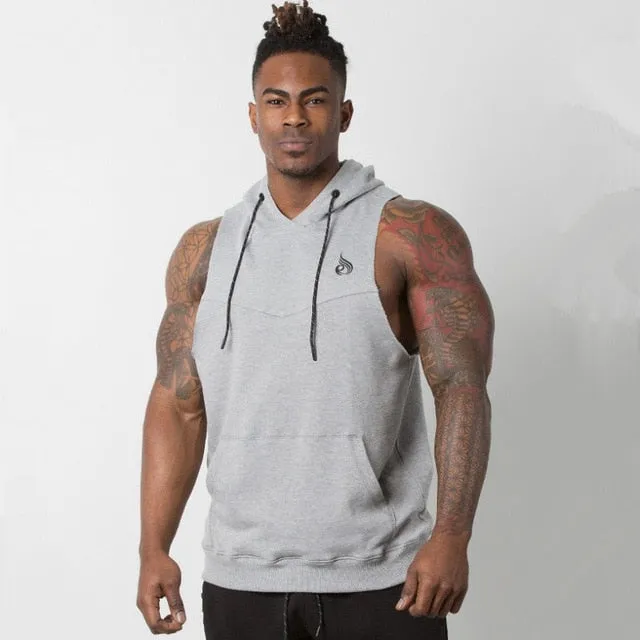 Mens Sleeveless Hoodies gyms Fitness Bodybuilding cotton Sweatshirt Casual fashion male workout Hooded Sportswear clothing