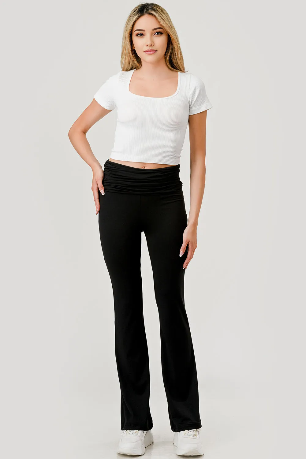 Soft Fleece Lined Fold Over Ruched Waist Flare Pants - Black