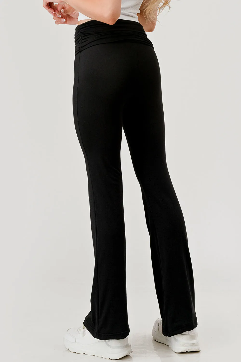 Soft Fleece Lined Fold Over Ruched Waist Flare Pants - Black