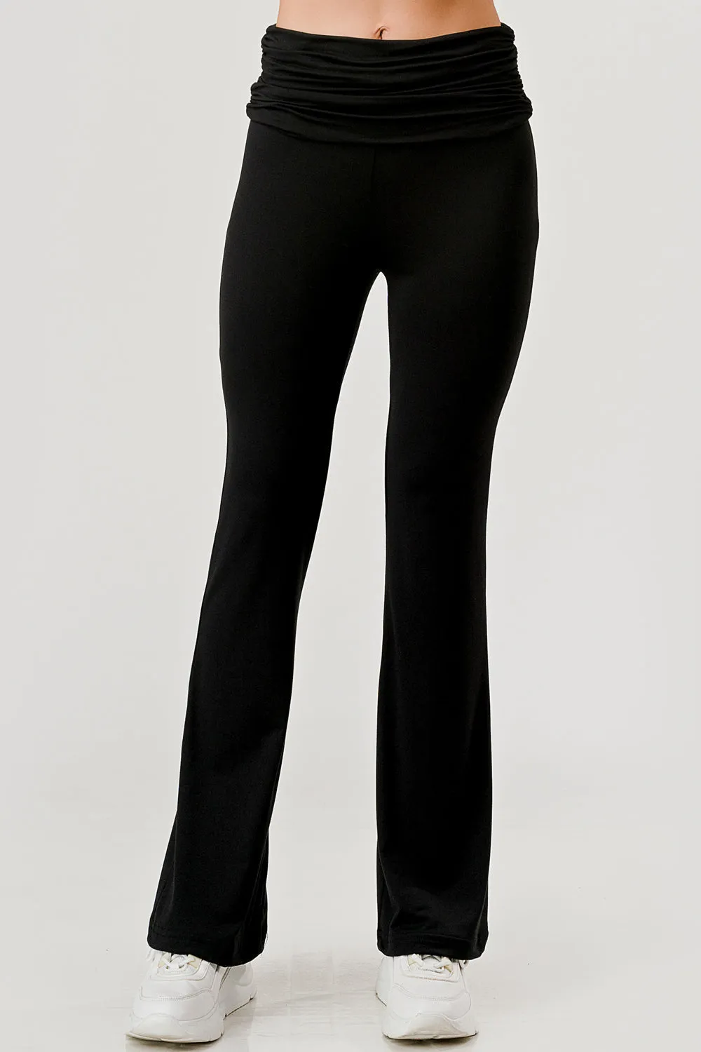 Soft Fleece Lined Fold Over Ruched Waist Flare Pants - Black