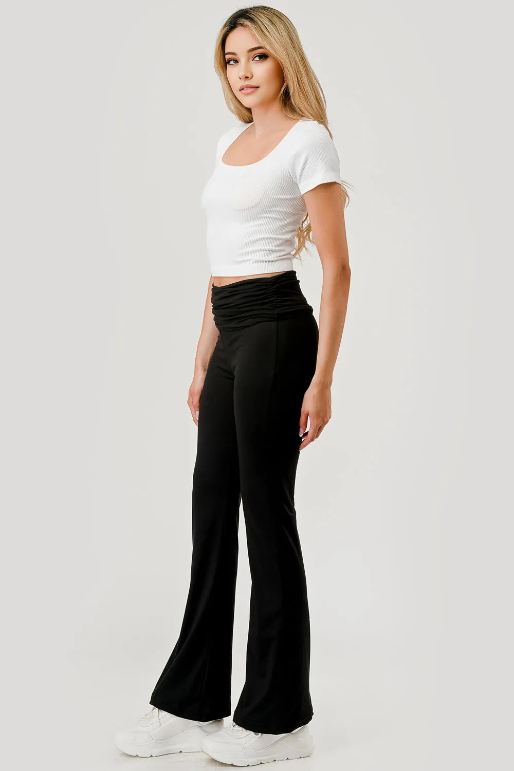 Soft Fleece Lined Fold Over Ruched Waist Flare Pants - Black