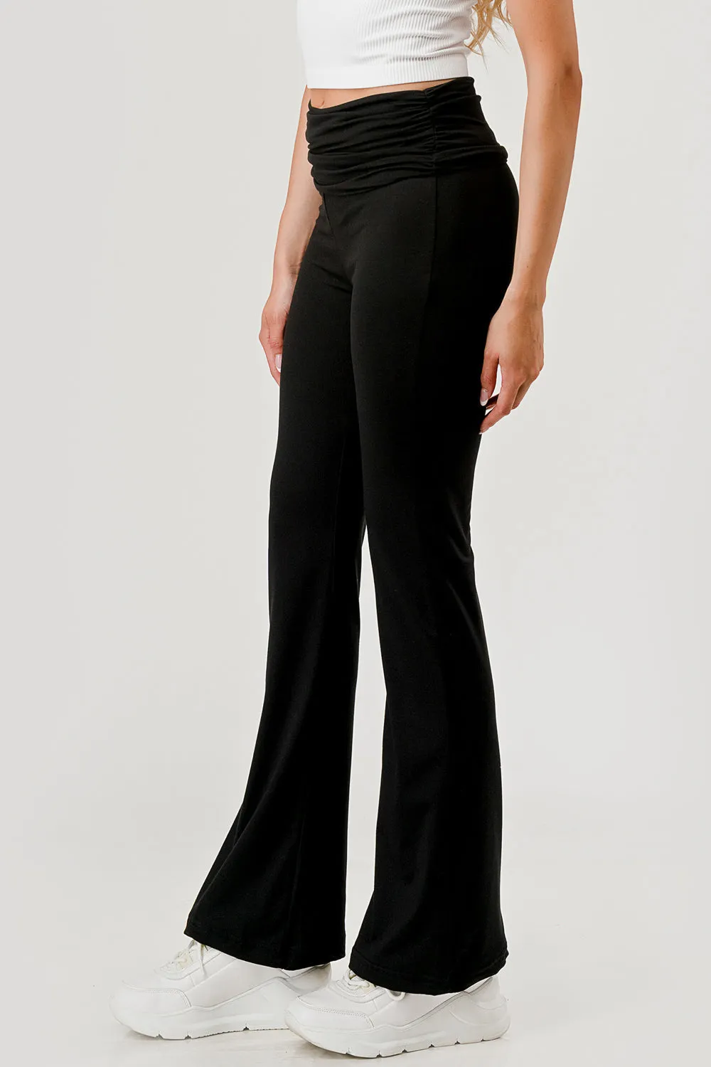 Soft Fleece Lined Fold Over Ruched Waist Flare Pants - Black