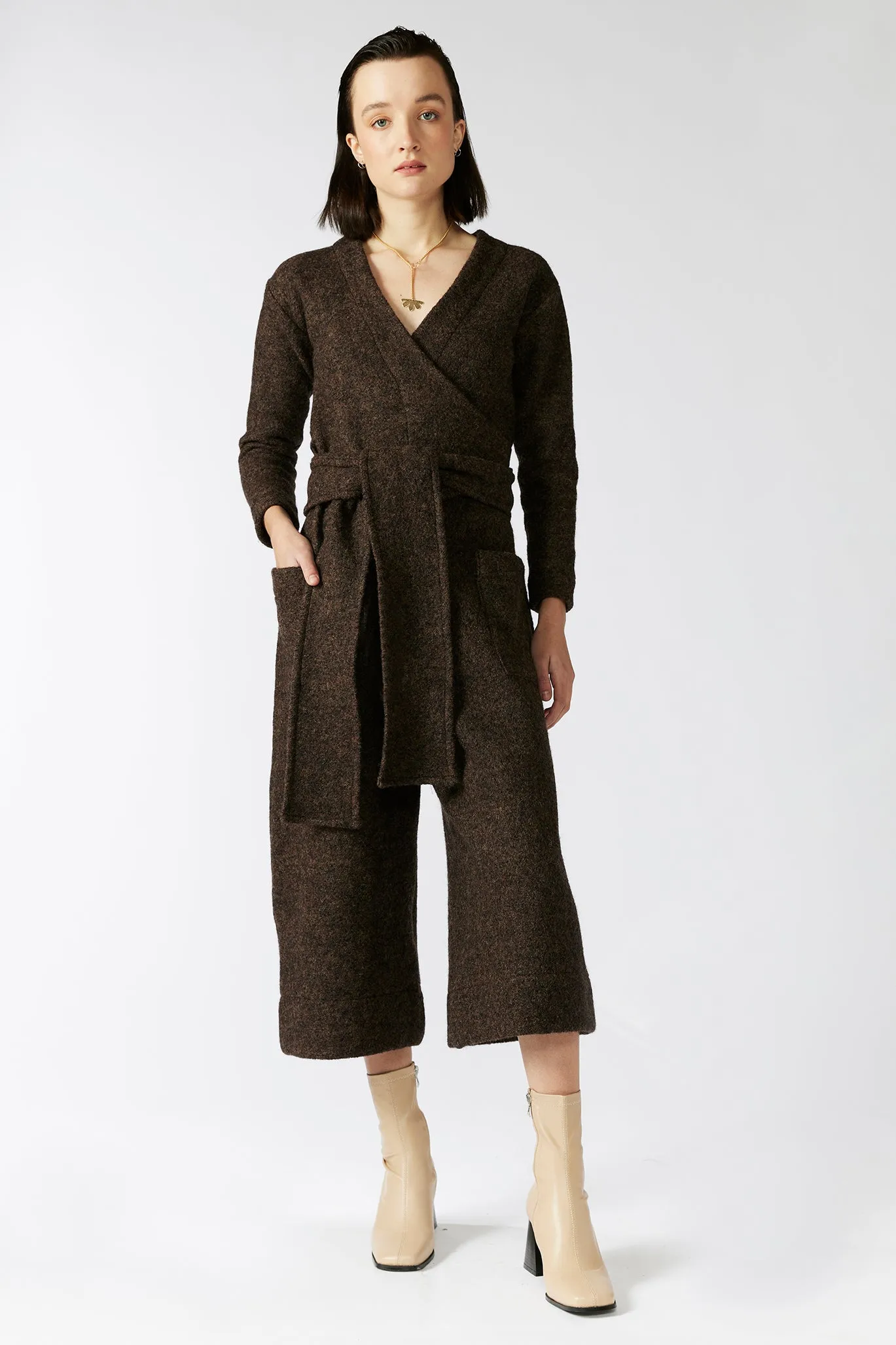 UMBER WRAP JUMPSUIT [ Brown 100% Wool, Long Sleeved ]